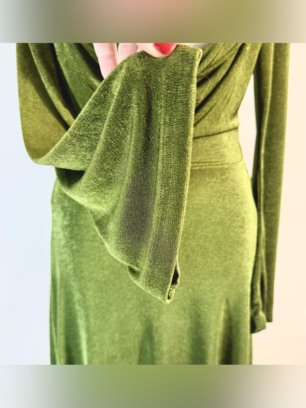 NWT Cider Olive Green Backless Lined Mini Dress With Long Bell Sleeves Size XS - Picture 6 of 15